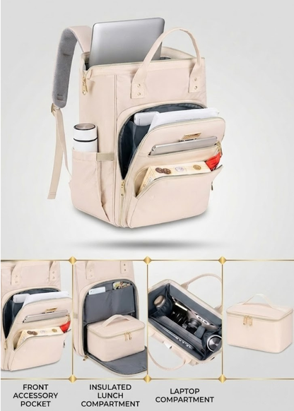 Beige Lunch Backpack for Women – Stylish 26L Insulated with Laptop 15.6 & Detachable Lunch Tote,