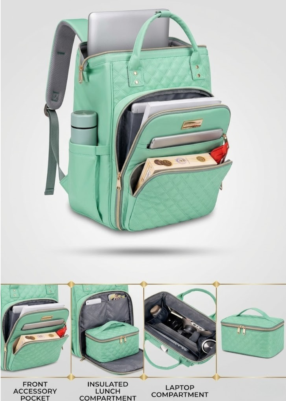 Green Lunch Backpack for Women – Large Insulated Cooler with Laptop 15.6 & Detachable Lunch Tote,