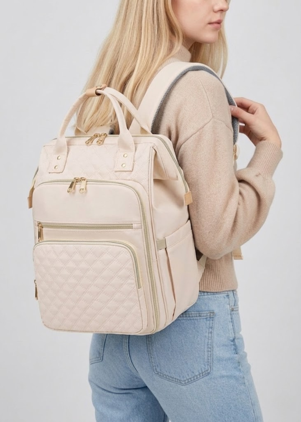 Beige Lunch Backpack for Women – Stylish 26L Insulated with Laptop 15.6 & Detachable Lunch Tote,