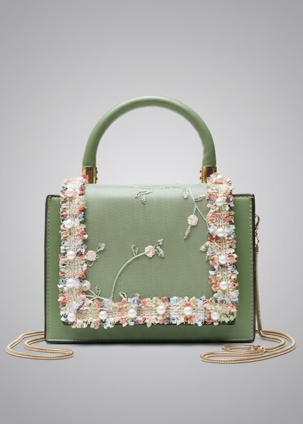 Floral-Trim Top Handle Bag, Basel