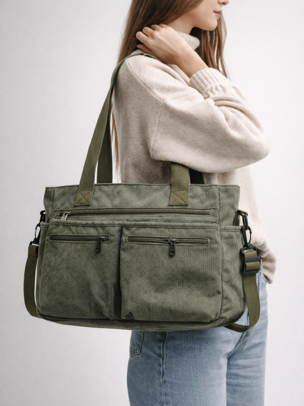 Green Corduroy Tote Bag for University