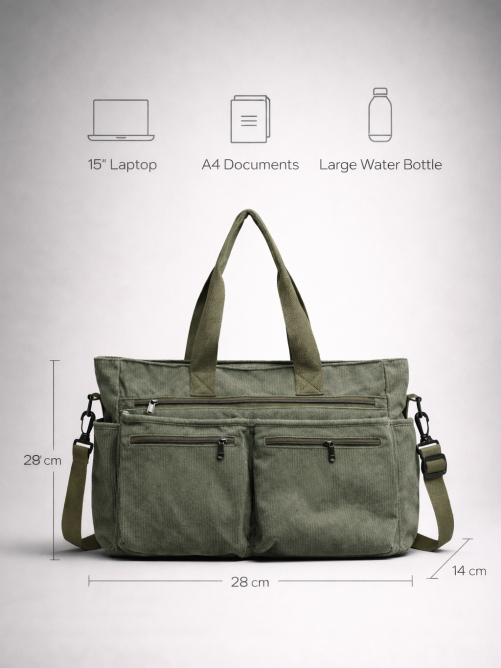 Green Corduroy Tote Bag for University