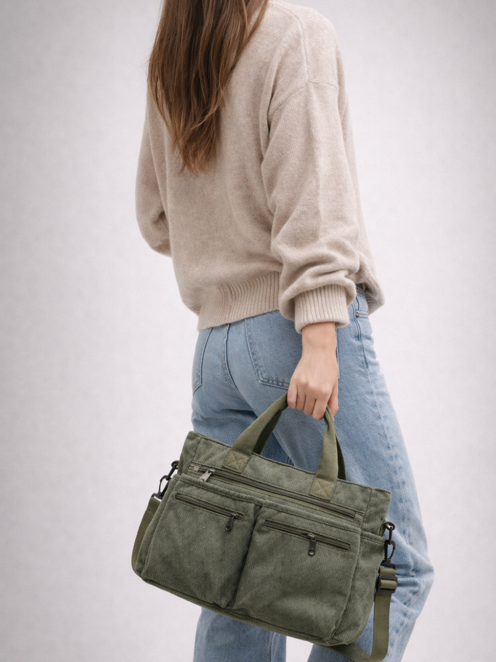 Green Corduroy Tote Bag for University