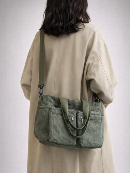 Green Corduroy Tote Bag for University