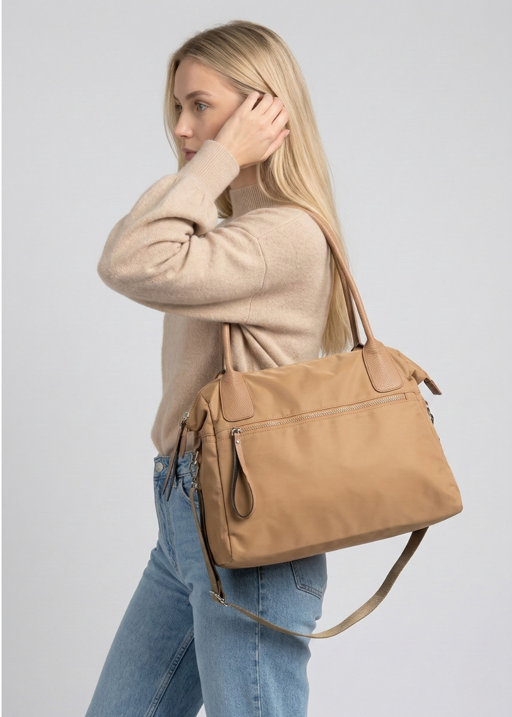 Khaki Nylon Tote Bag for School