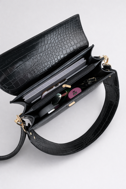 Black crocodile-patterned handbag on a light gray background
