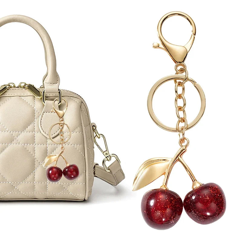 Dark Red Cherry Bag Charm & Keychain – Gold-Tone Finish