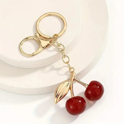 Dark Red Cherry Bag Charm & Keychain – Gold-Tone Finish
