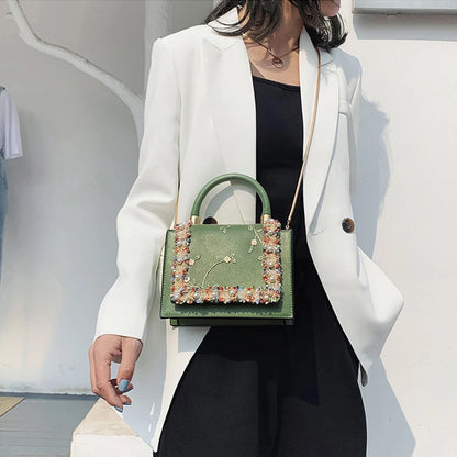 Floral-Trim Top Handle Bag, Basel