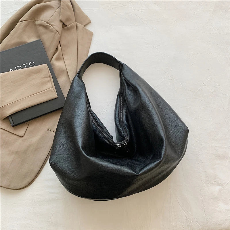 Big Black Shoulder Bags for Women Large Hobo Shopper Bag Solid Color Quality Soft Leather Crossbody Handbag Lady Travel Tote Bag
