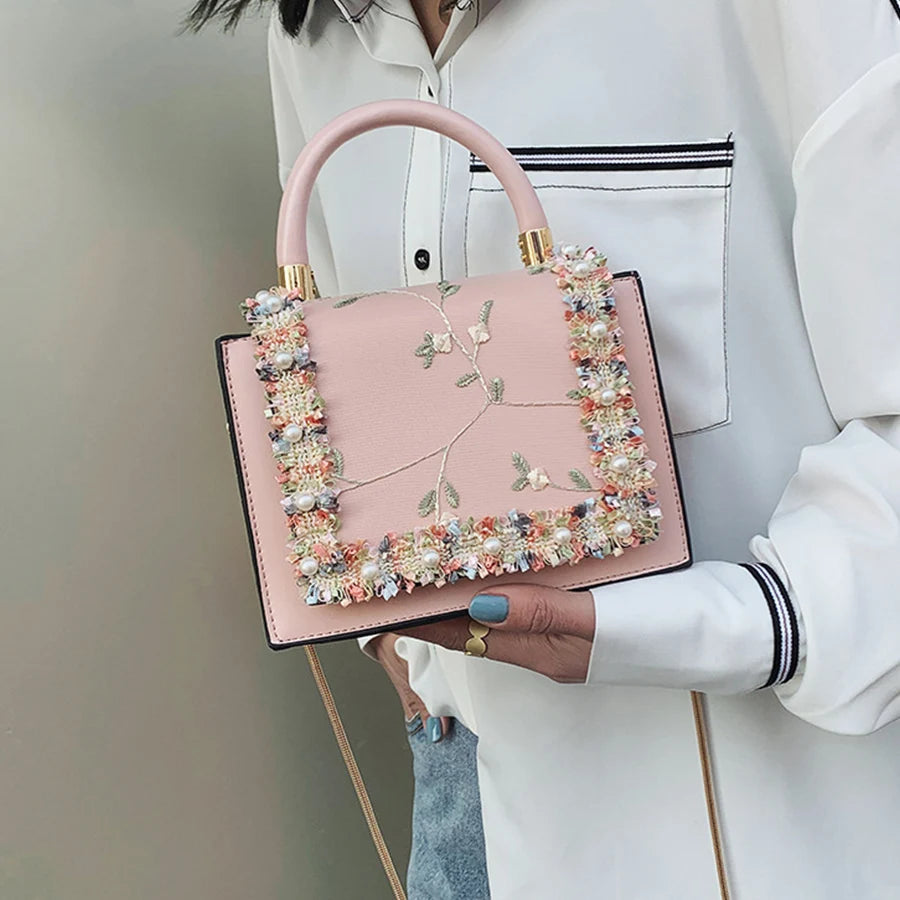 Floral-Trim Top Handle Bag, Basel