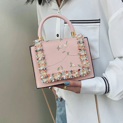 Floral-Trim Top Handle Bag, Basel