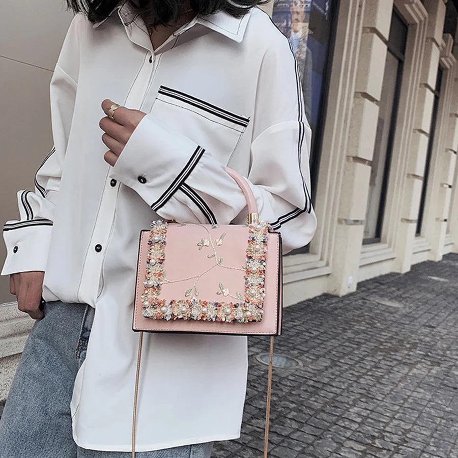 Floral-Trim Top Handle Bag, Basel