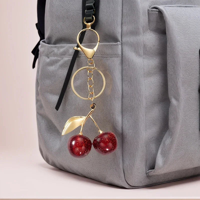 Dark Red Cherry Bag Charm & Keychain – Gold-Tone Finish