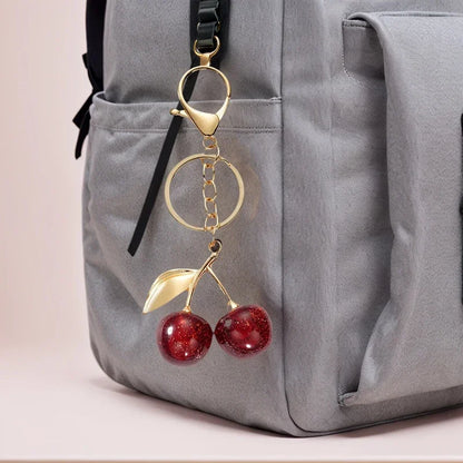 Dark Red Cherry Bag Charm & Keychain – Gold-Tone Finish