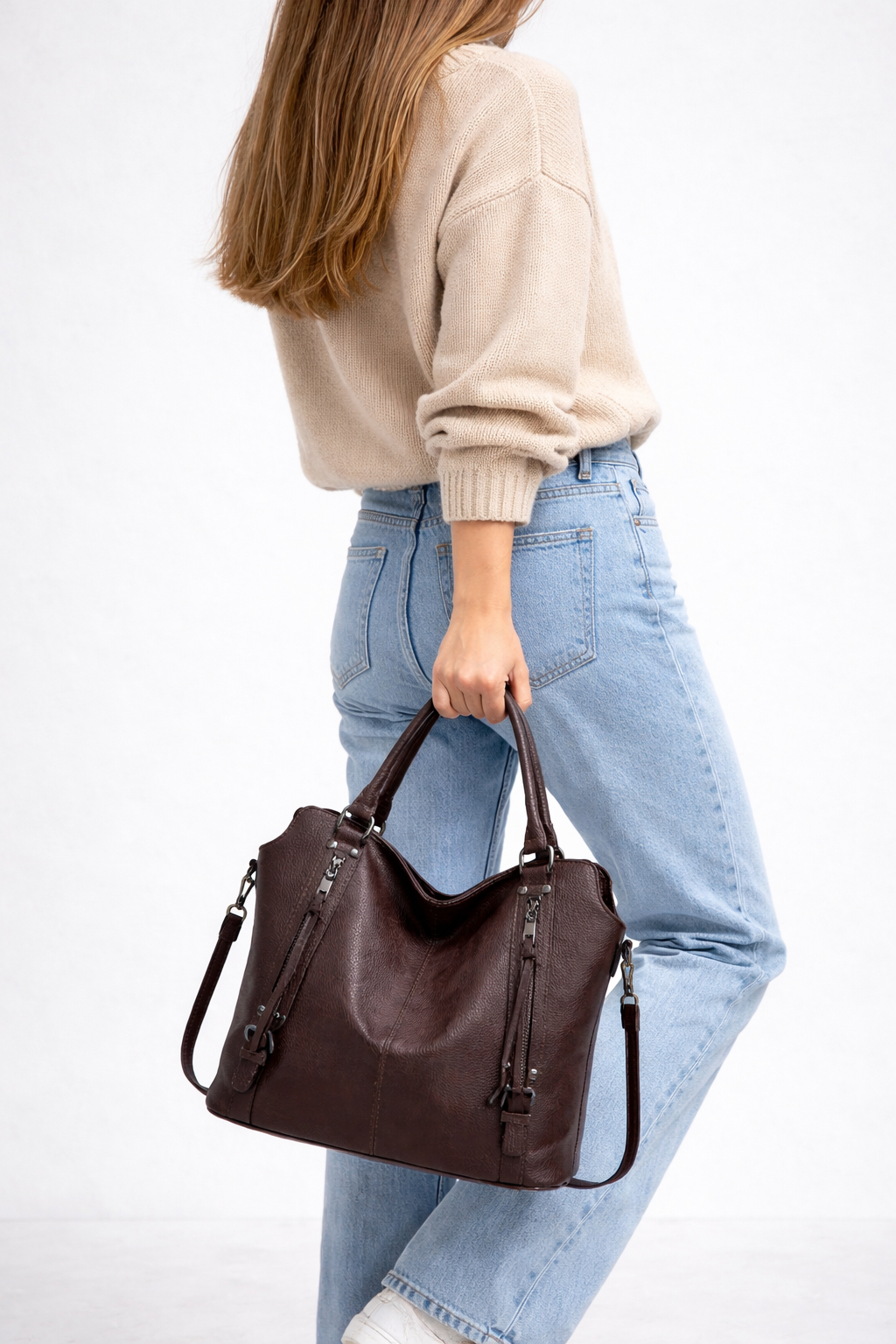 Soft vegan leather shoulder bag for school