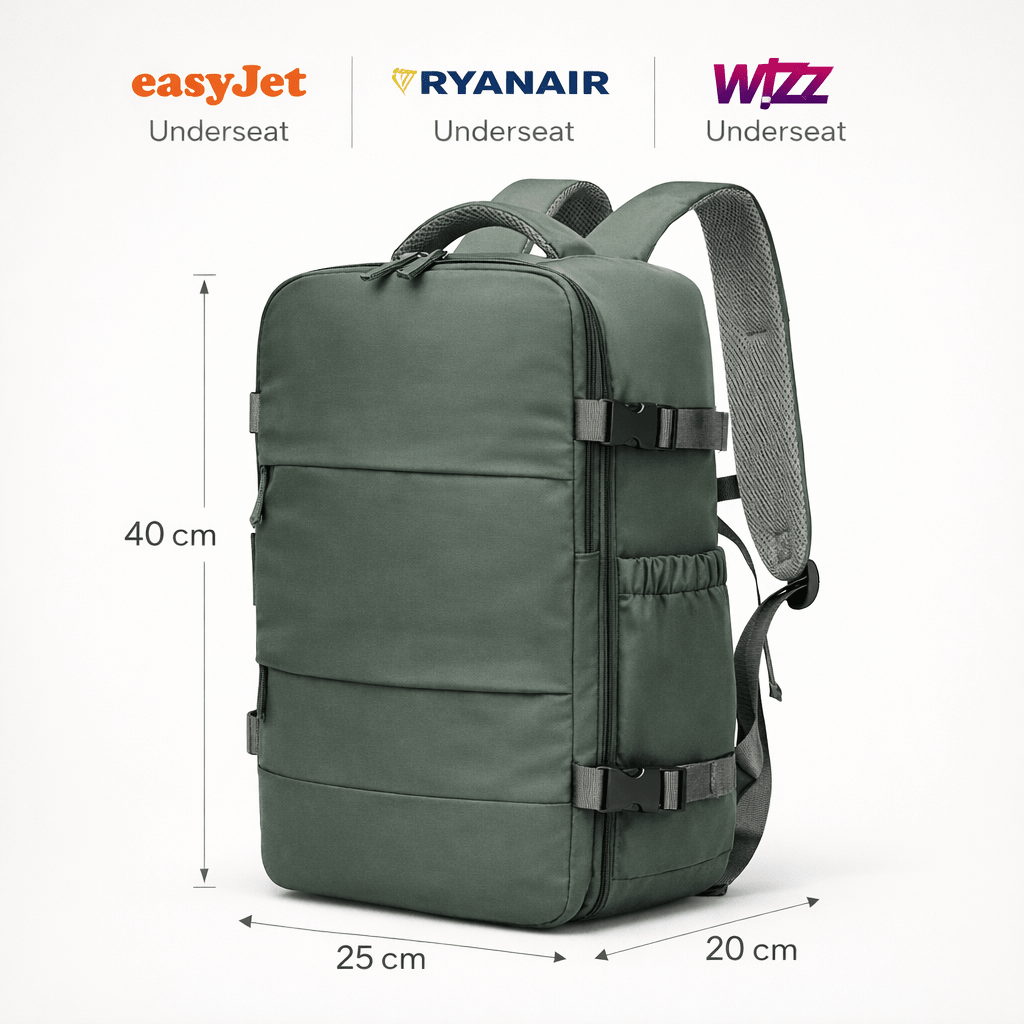 35L Vacuum travel backpack waterproof Green cabin bag underseat size 40x20x25 fits 16 inch laptop for travelling – AMALIA & DARIO