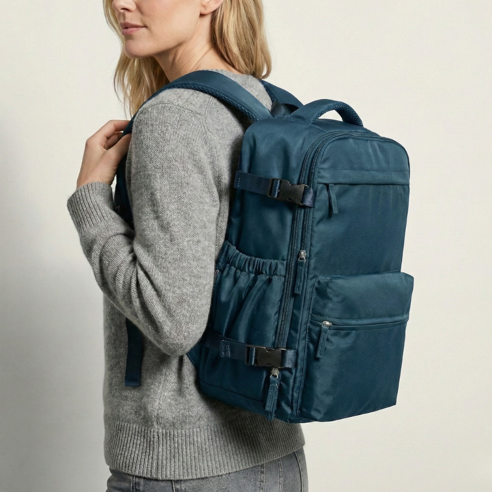 35L Vacuum travel backpack for Women's waterproof Blue cabin bag underseat size 40x30x20 fits 16 inch laptop for travelling – AMALIA & DARIO