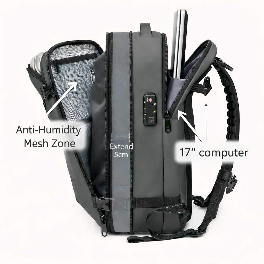 60L Vacuum travel backpack expandable Grey waterproof cabin bag carry-on size 55x40x20 fits 17 inch laptop for travelling – AMALIA & DARIO