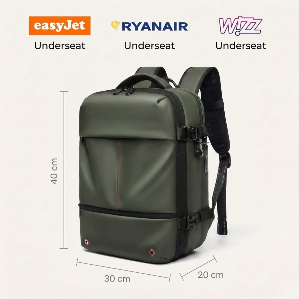 45L Vacuum travel backpack expandable waterproof Green cabin bag underseat size 40x30x20 fits 16 inch laptop for travelling – AMALIA & DARIO