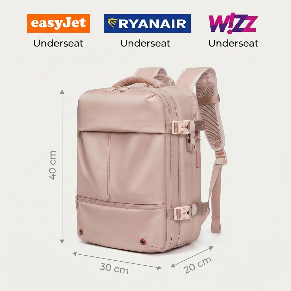 45L Vacuum travel backpack for Women's expandable waterproof Pink cabin bag underseat size 40x30x20 fits 16 inch laptop for travelling – AMALIA & DARIO