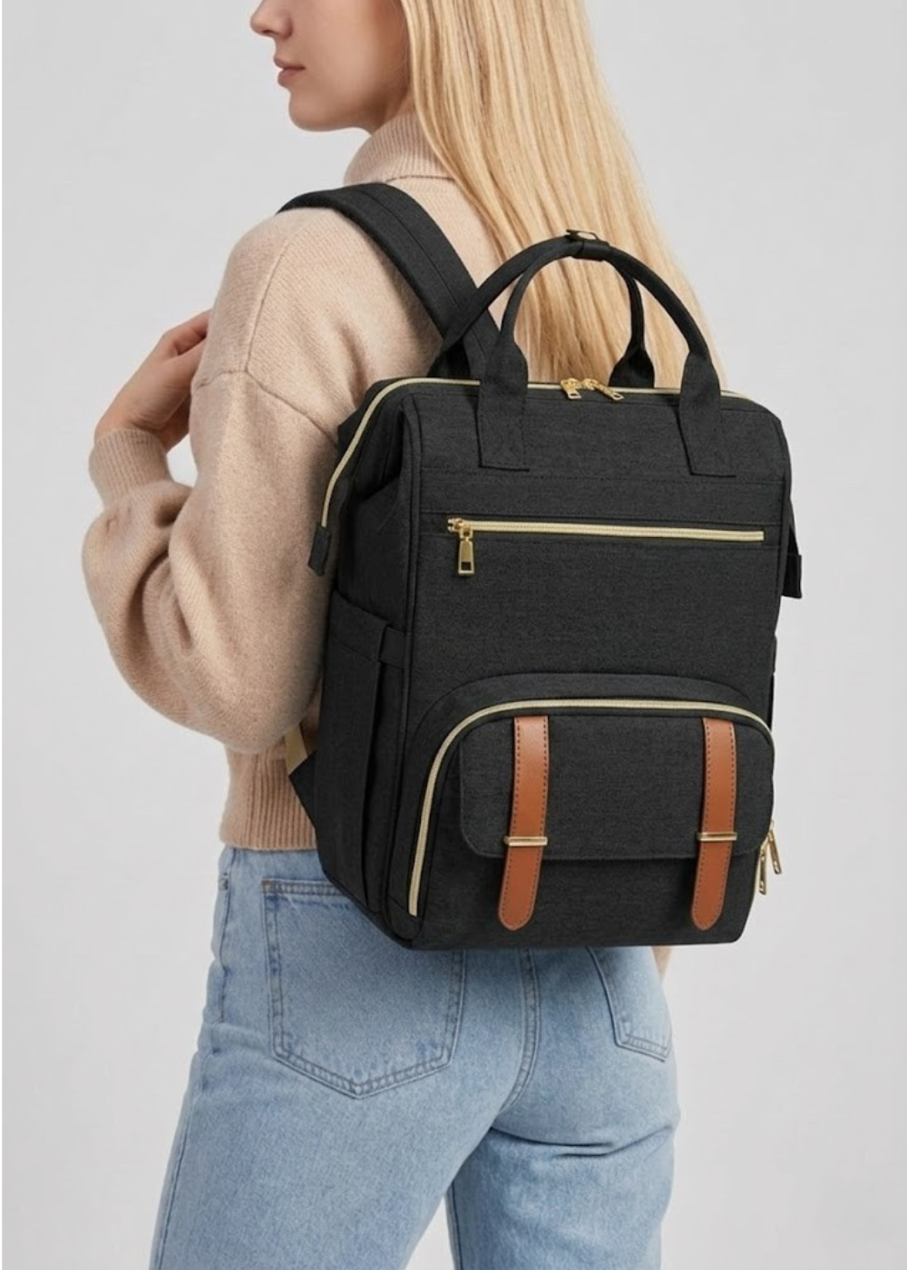 Black Lunch Backpack for Women – 2-in-1 with Detachable Insulated Lunch Box