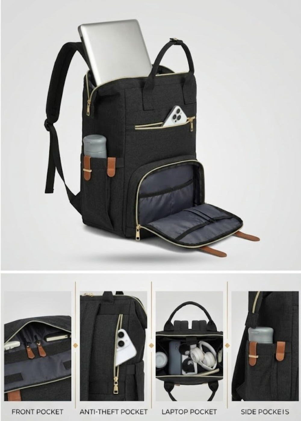 Black Lunch Backpack for Women – 2-in-1 with Detachable Insulated Lunch Box