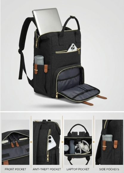 Black Lunch Backpack for Women – 2-in-1 with Detachable Insulated Lunch Box