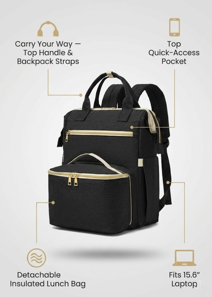 Black Lunch Backpack for Women – 2-in-1 with Detachable Insulated Lunch Box