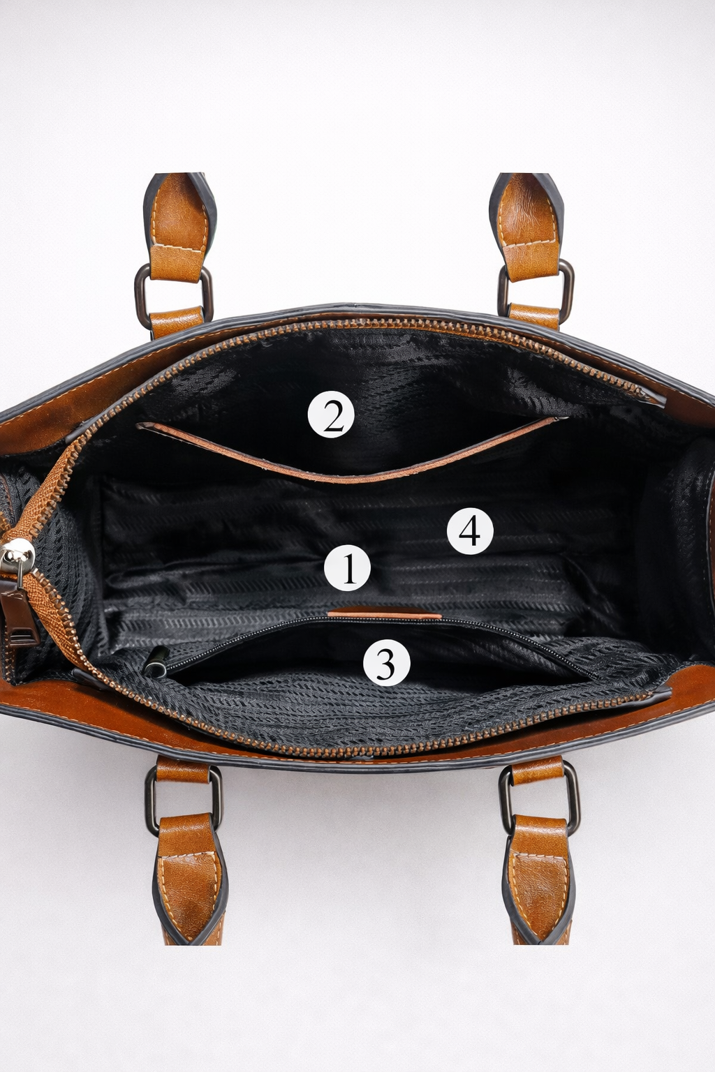 Open brown leather bag with interior compartments labeled on a white background