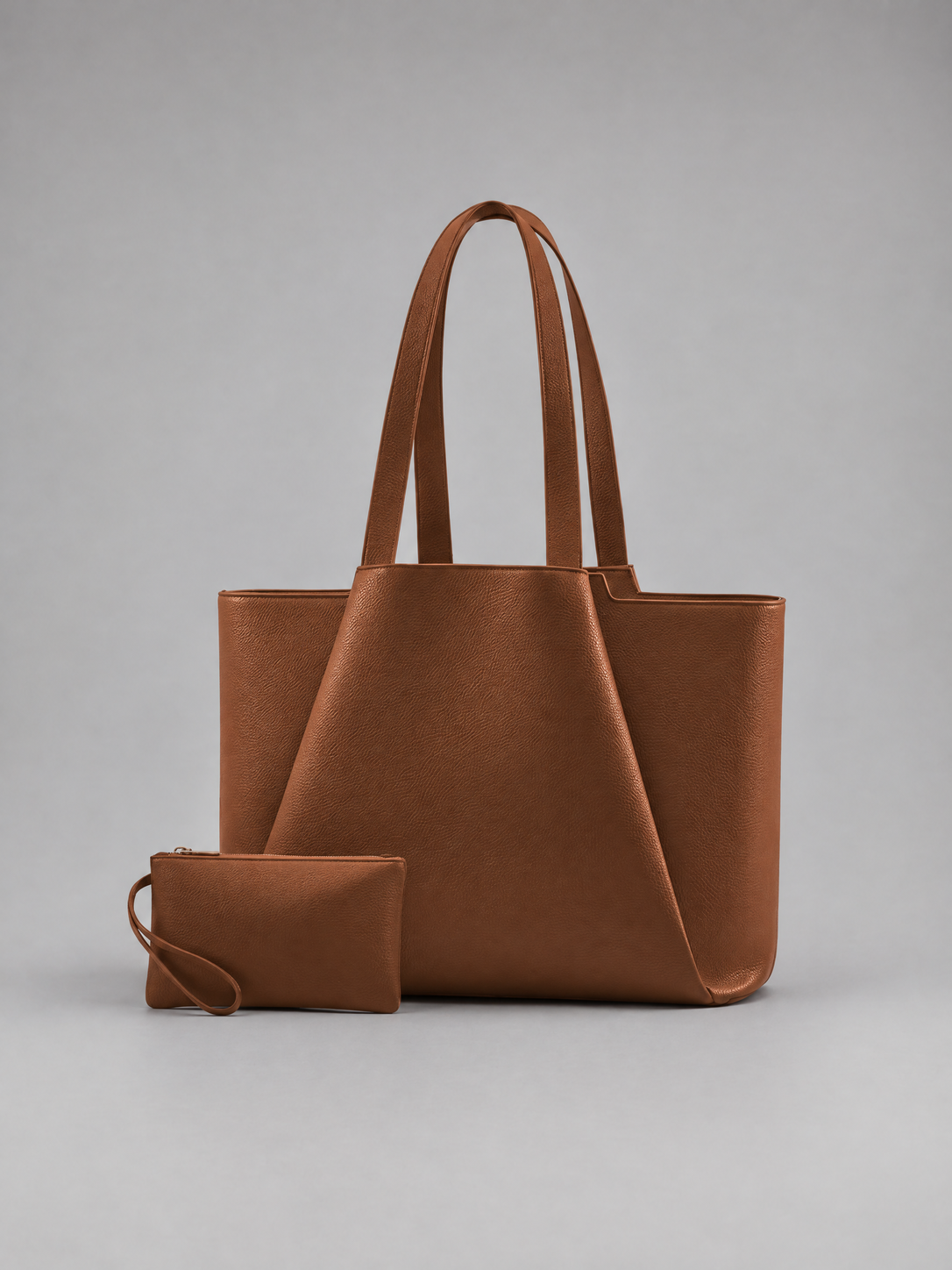 Vegan Leather Laptop Tote & Pouch | Heidelberg — brown tote and matching pouch, front view