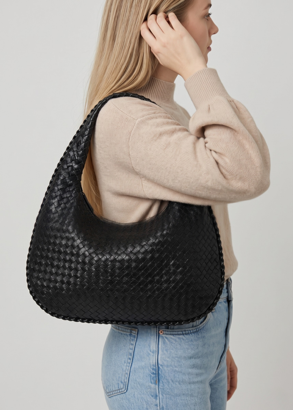 Black Leather Work Bag — Woven Hobo & Laptop | Mylos