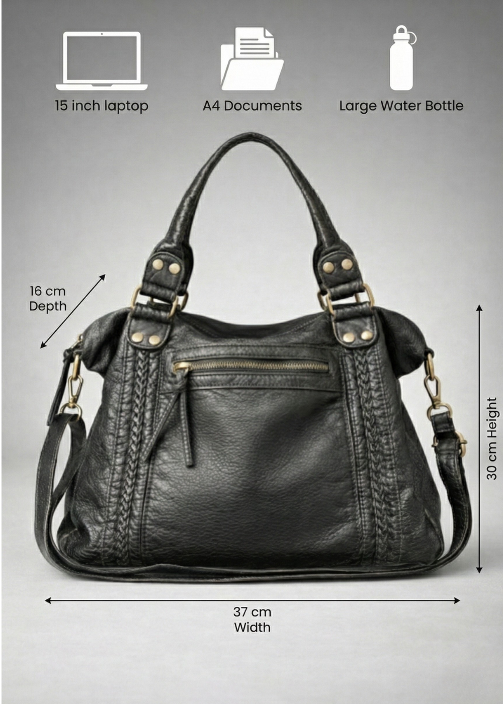 black handbag for school with an exterior zipper pocket | BOLOGNA
