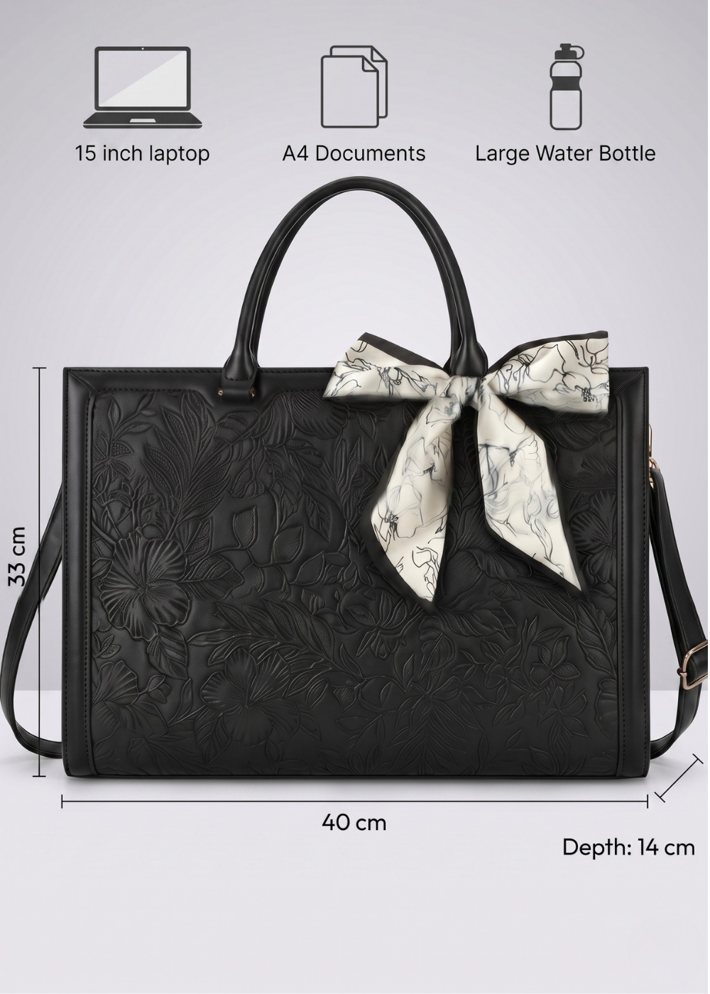 Black Work Tote Bag — Embossed Multi-pocket & Laptop bag | Corfu