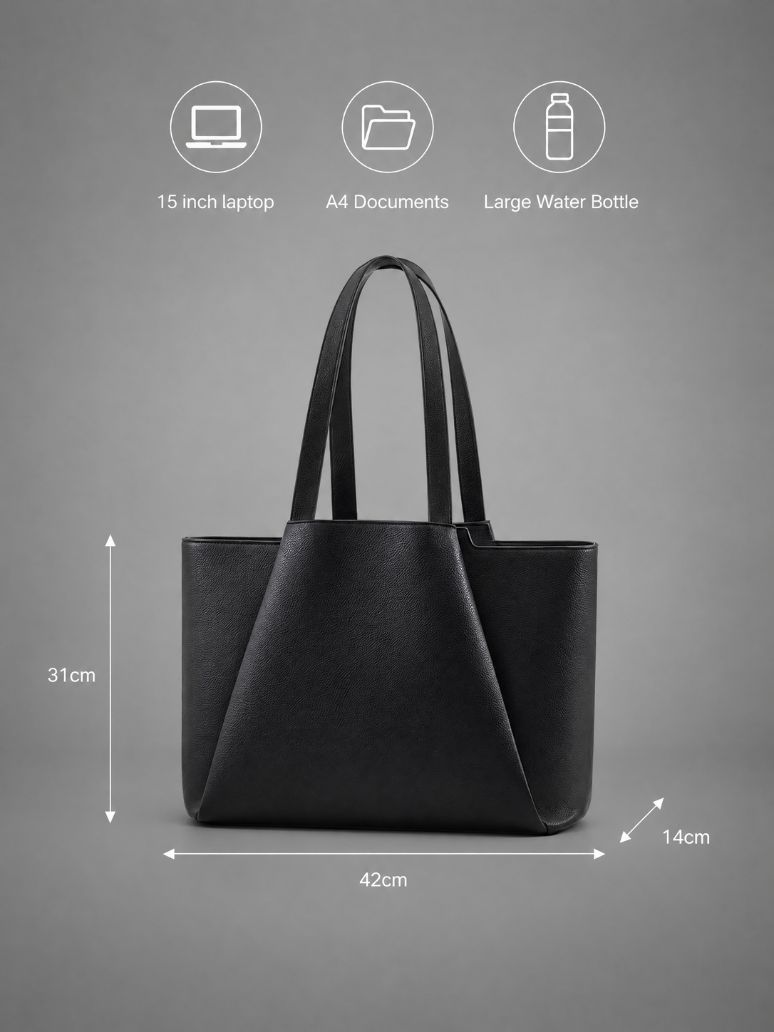 Vegan Leather Laptop Tote & Pouch | Heidelberg — dimensions 42 x 31 x 14 cm, fits a 15 inch laptop, A4 documents and a water bottle