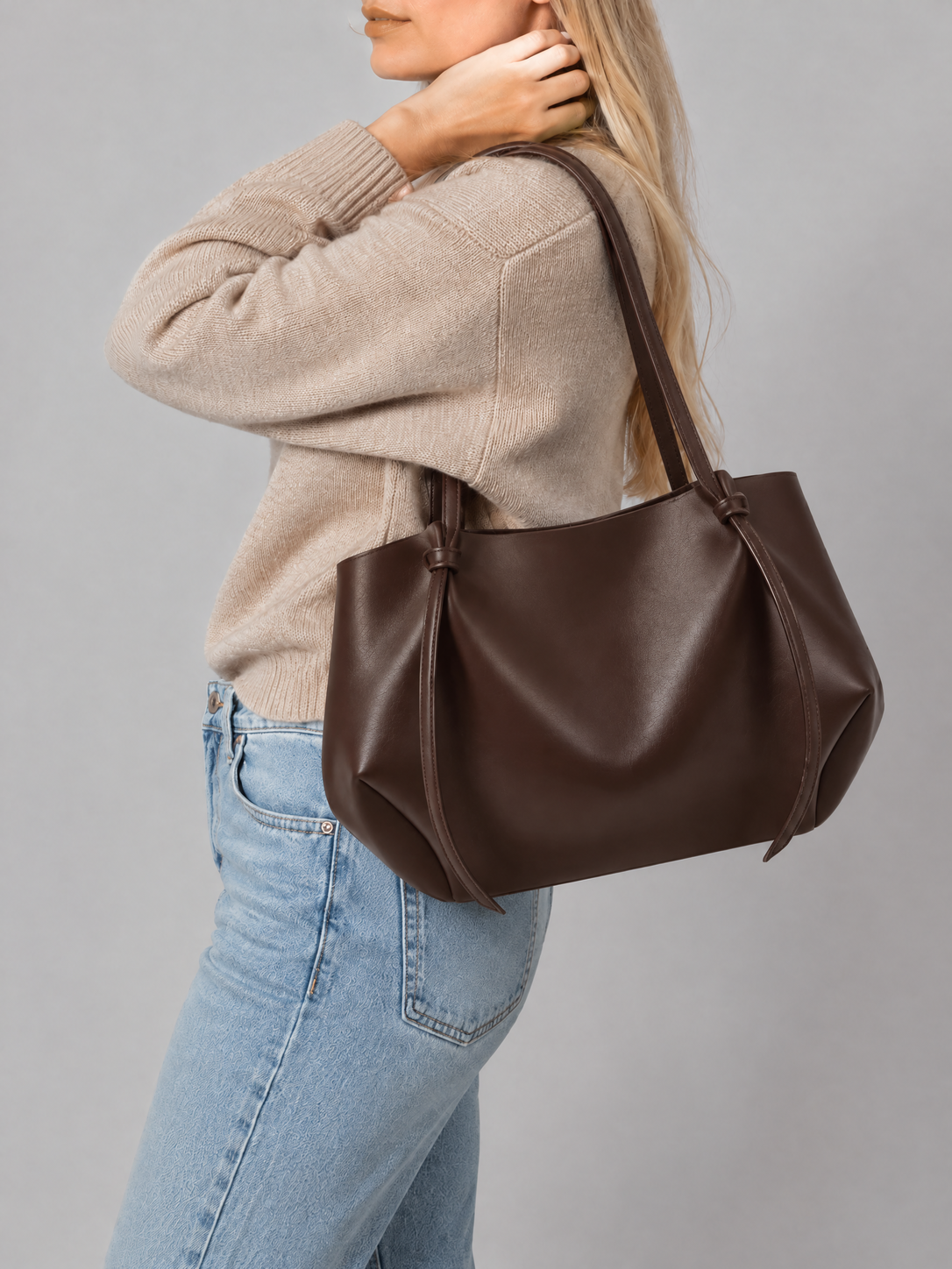 Slouchy Vegan Leather Tote Bag | Potsdam — dark brown tote worn on the shoulder