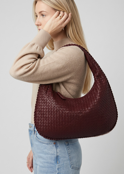 Burgundy Leather Work Bag — Woven Hobo & Laptop | Mylos