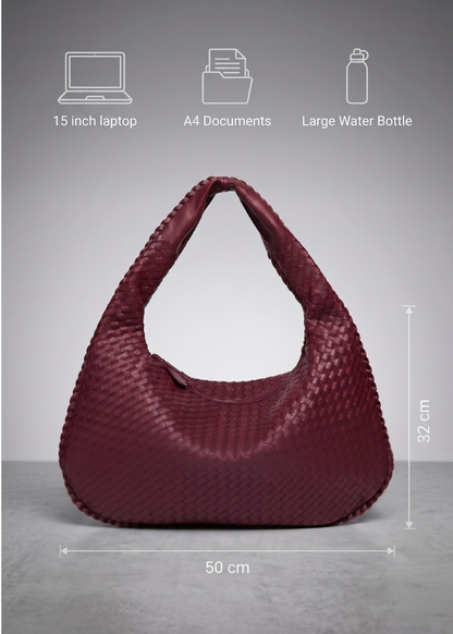 Burgundy Leather Work Bag — Woven Hobo & Laptop | Mylos